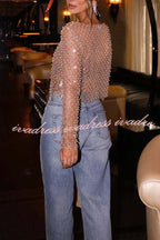 Champagne Kiss Sparkling Pearls Long Sleeve Loose Sheer Top