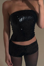 Glitter Tube Top Skinny Two Piece Shorts Set