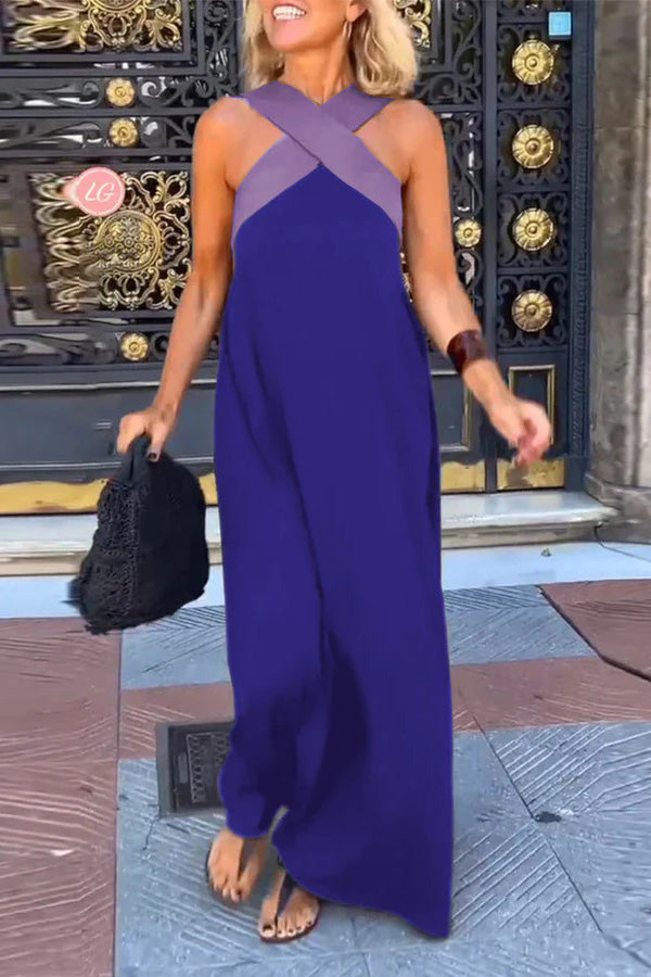 Halter Neck Mesh Illusion Panel Flowy Maxi Dress