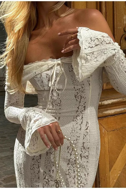 Off Shoulder Lace Bell Sleeve Tie Neck Maxi Dress