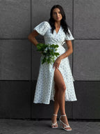 Pure Cotton Bandage Wrap-up Puff Sleeve Printed Comfort Maxi Dresses
