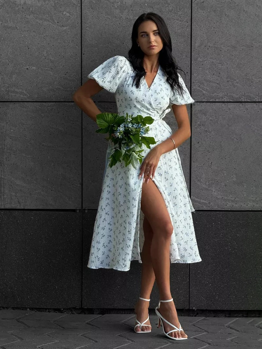 Pure Cotton Bandage Wrap-up Puff Sleeve Printed Comfort Maxi Dresses