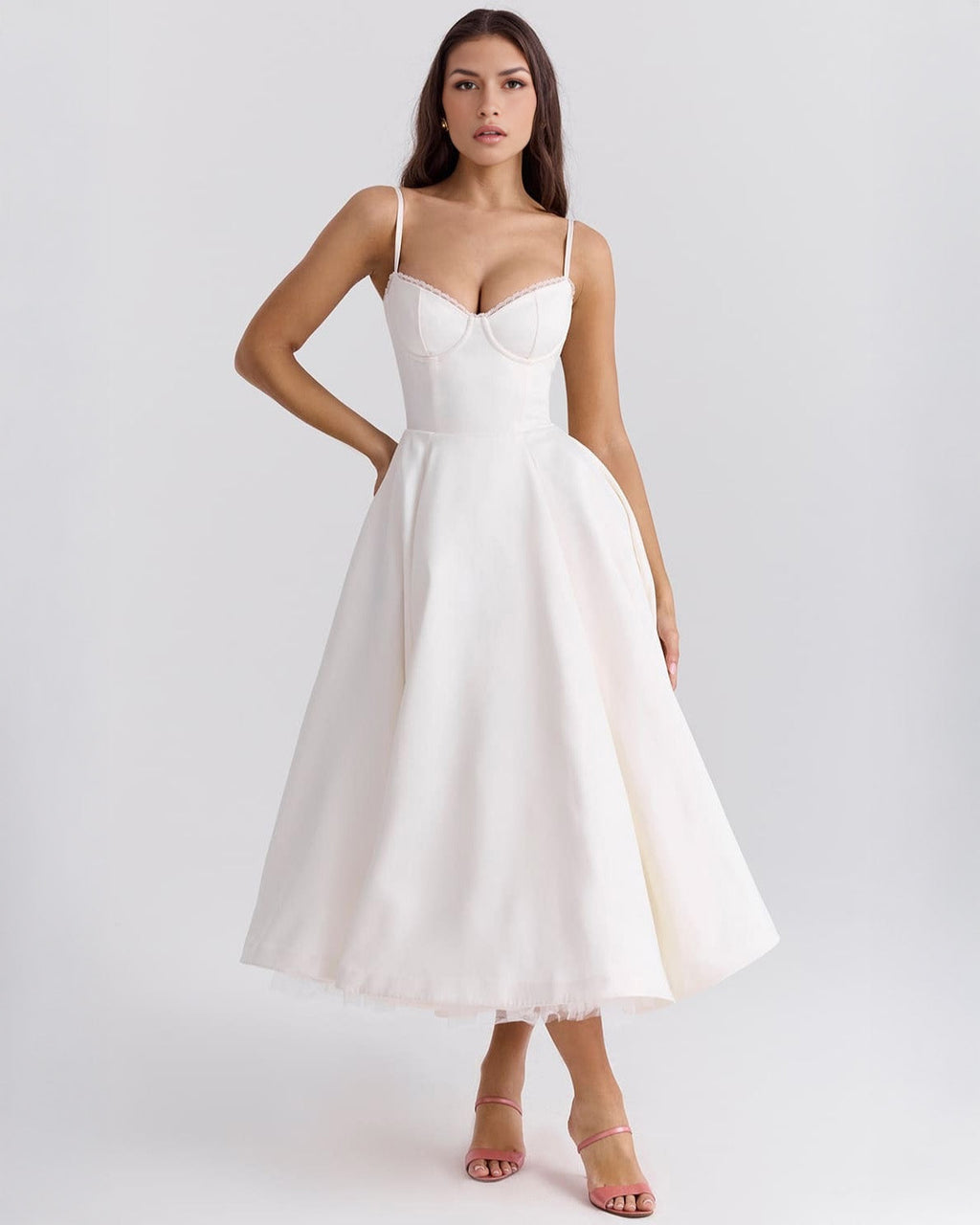 Lace Trim Corset Bustier Spaghetti Strap Pleated Pocket Tea Length Dress