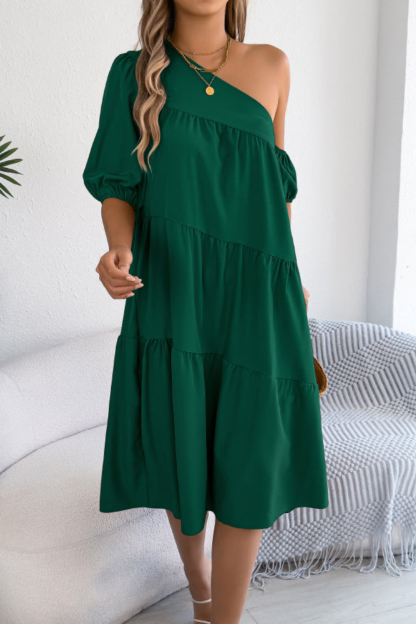 Solid Color Loose Slash Neck Short-sleeved Casual Midi Dress
