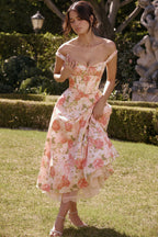 Wide Strap Lace Trim Corset Bodice Floral Print A-Line Midi Dress