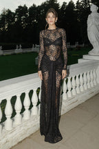 Floral Lace Crew Neck Long Sleeve Waist Tie Drape Maxi Dress