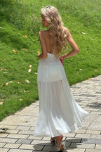 Polka Dot Halter Neck Deep V-Neck Bow Tie Sheer Overlay Maxi Dress