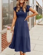 Smocked Bodice Flutter Sleeve Tiered A-Line Midi Dress