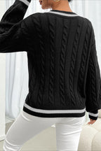 Colorblock Cable Knit V Neck Sweater