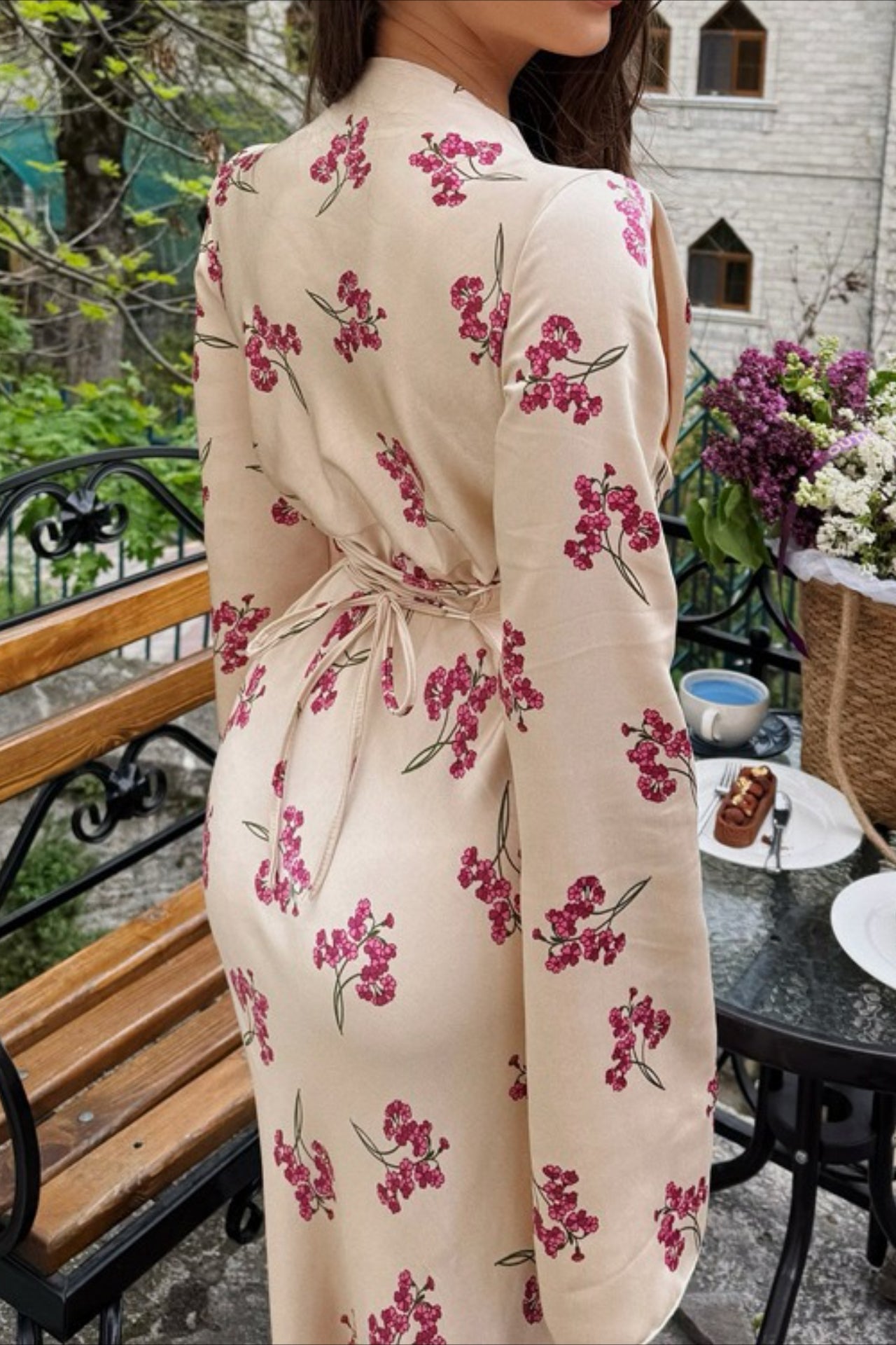 Deep V Neck Flared Sleeve Tiered Maxi Floral Print Dress