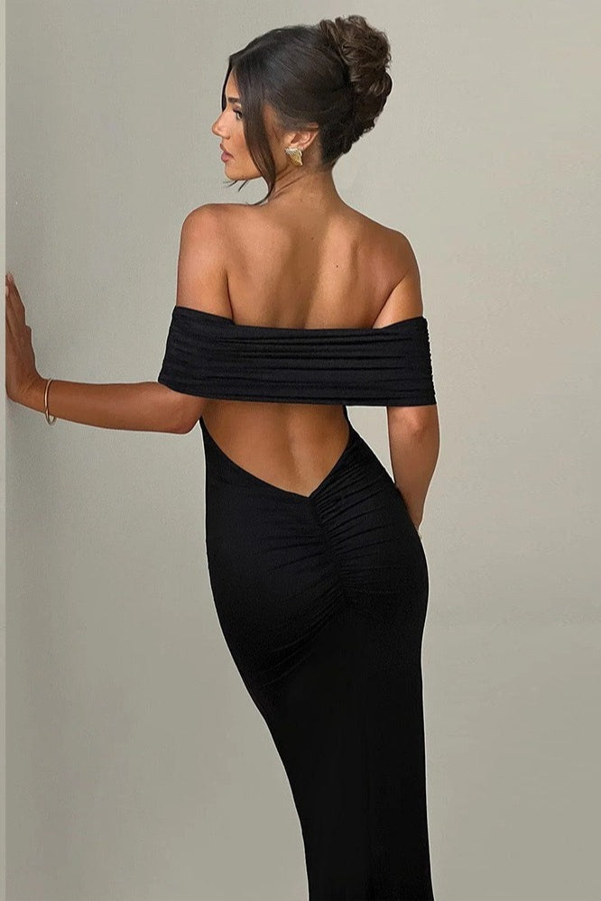 Off Shoulder Ruched Band Open Back Bodycon Maxi Dress