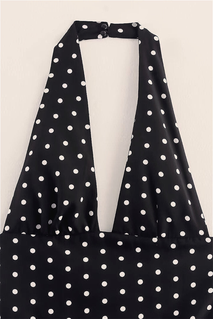 Polka Dot Halter Deep V-Neck Fit and Flare Mini Dress