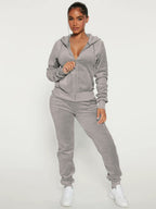 Velour Zip Up Slim Fit Hoodie Jogger Set For Women 2026