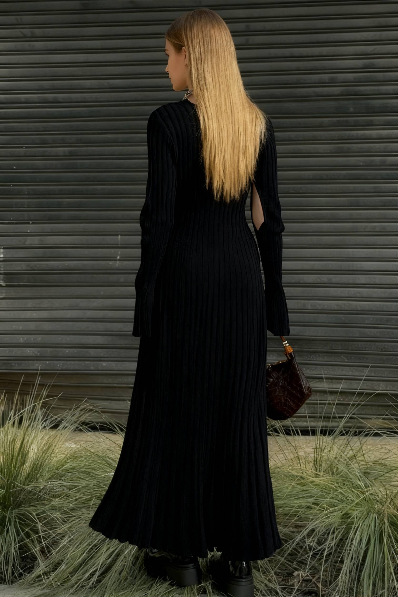 Ribbed Knit Crew Neck Long Sleeve Ruffle Cuff Maxi Dress