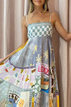 Gingham Trim Patchwork Graphic Print Square Neck Spaghetti Strap Maxi Dress
