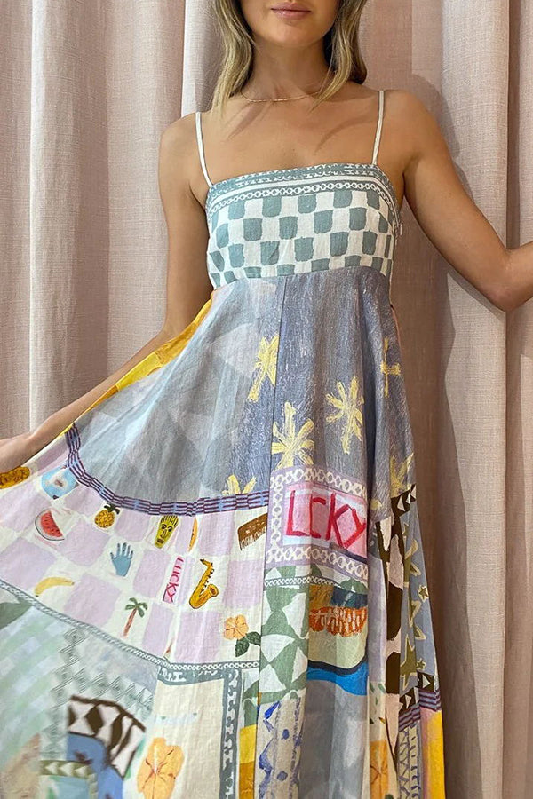 Gingham Trim Patchwork Graphic Print Square Neck Spaghetti Strap Maxi Dress