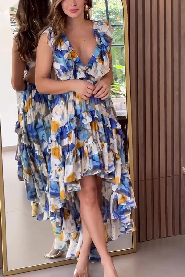 Plunging V-Neck Ruffle Tiered High-Low Floral Maxi Dress