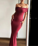 Off Shoulder Ruched Band Bodycon Floor Length Maxi Dress
