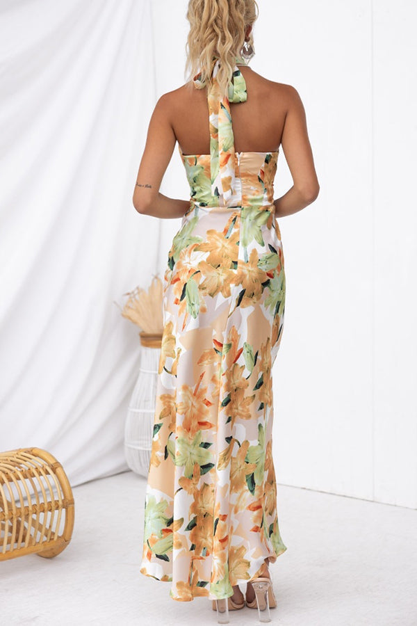 Floral Print Satin Halter Neck Sleeveless Column Maxi Dress