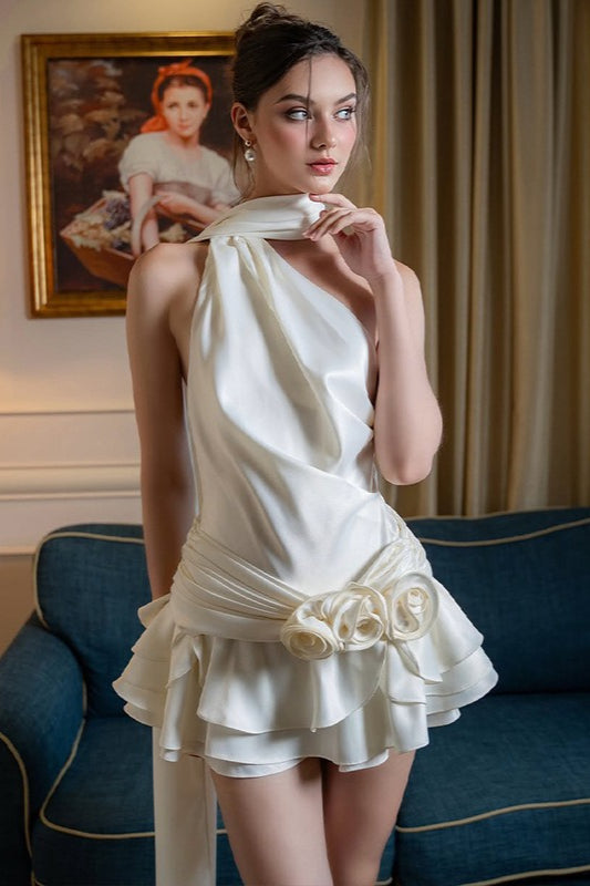Satin Halter Neck Draped Rose Applique Tiered Ruffle Mini Dress