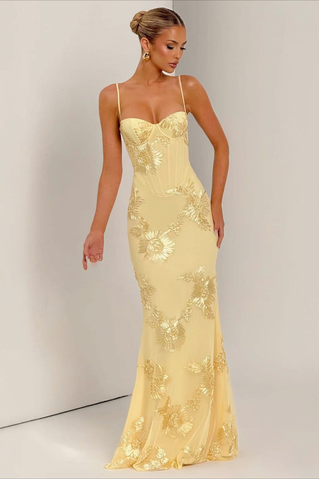 Strapless Bustier Floral Embroidered Mesh Mermaid Maxi Gown