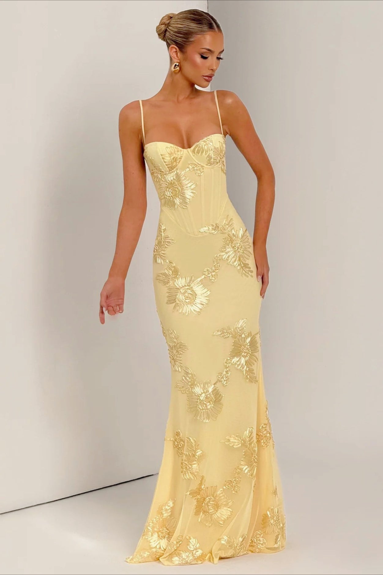Strapless Bustier Floral Embroidered Mesh Mermaid Maxi Gown