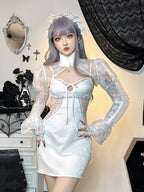 Gothic Jacquard Lace Up Corset Bell Sleeve Lace Bolero Mini Dress