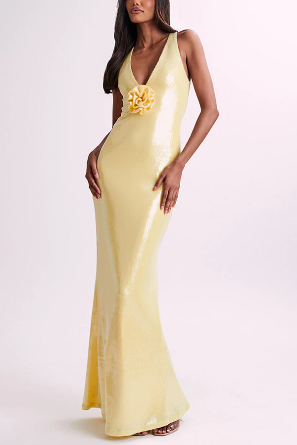 Sequin Deep V-Neck 3D Floral Applique Bodycon Maxi Gown