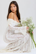 Lace Off Shoulder Ruffle Trim Long Bell Sleeve Vertical Panel Mermaid Maxi Dress