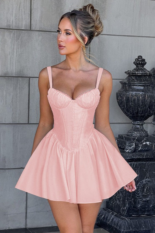 Corset Sweetheart Lace Up Detail Pleated Flare Mini Dress