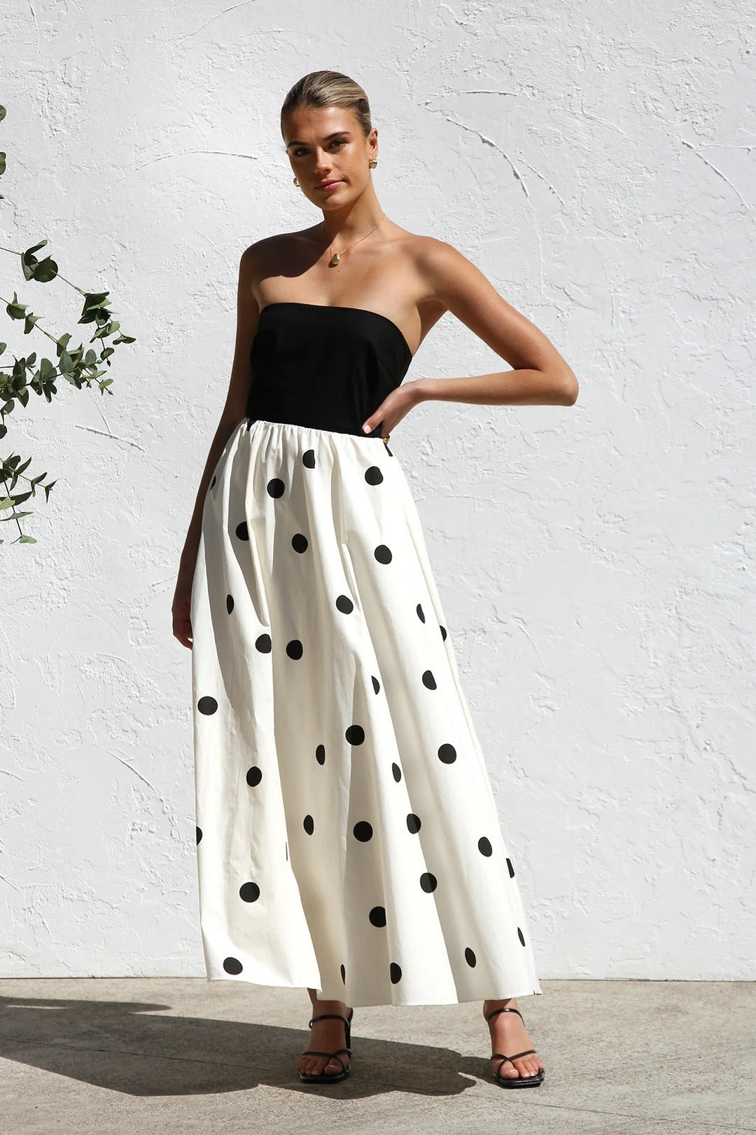 Polka Dot Strapless Solid Bodice A-Line Maxi Dress