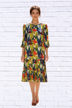 Women__ Abstract Leaf Print Woven Midi Dress _ 3/4 Sleeve Tiered Hem Casual Chic Dres