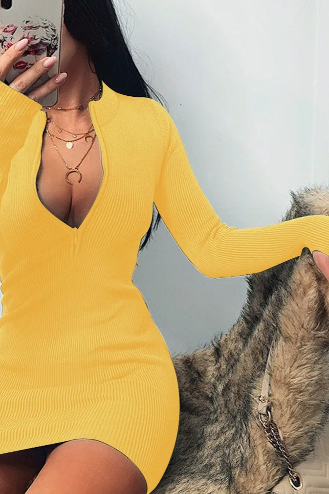 Rib Knit Long Sleeve Quarter Zip Mock Neck Bodycon Mini Dress