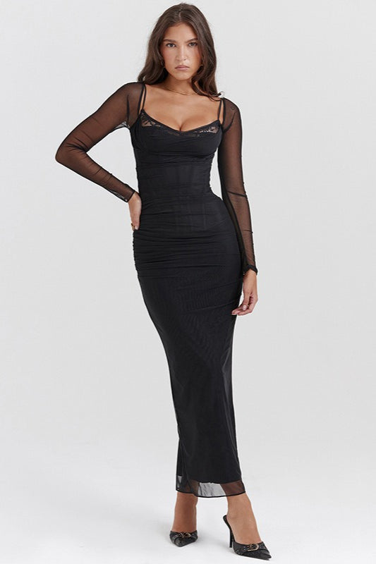 Mesh Ruched Corset Sweetheart Lace Trim Long Sleeve Bodycon Maxi Dress