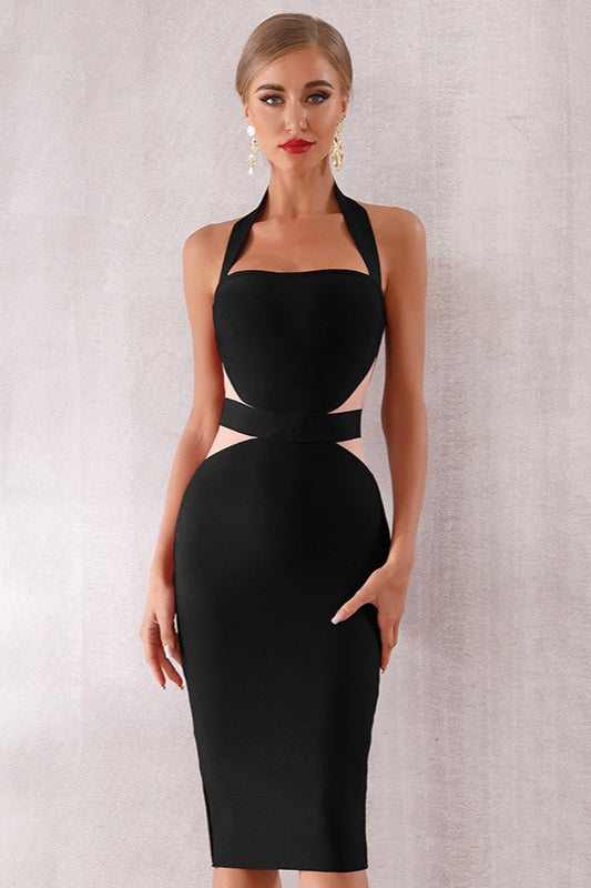 Side Cut Out Halter Neck Bandage Bodycon Midi Dress