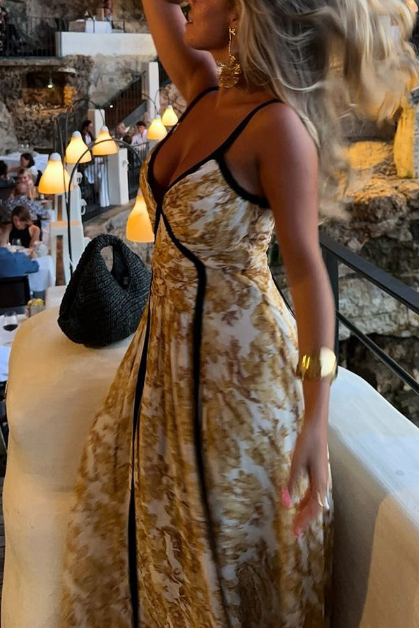 Floral Print Spaghetti Strap Contrast Trim Pleated Maxi Dress