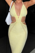Plunging Halter Neck Crochet Waist Cut Out Open Knit Maxi Dress