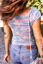 Sky Blue Square Neck Cap Sleeve Ruched Floral Mesh Top