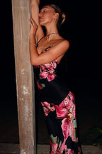 Floral Print Satin Spaghetti Strap Deep V-Neck Lace Trim Slip Maxi Dress