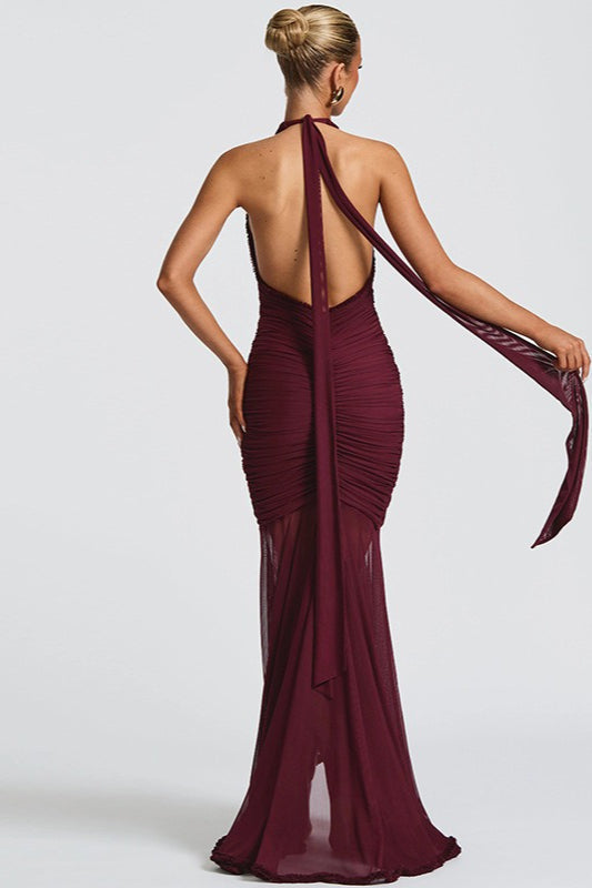 Halter Plunging V-Neck Ruched Ruffle Front Mermaid Maxi Gown