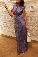 30s-inspired Satin Jacquard Floral Print Ruffle Velvet Bow Neck Short Sleeve Maxi Dress