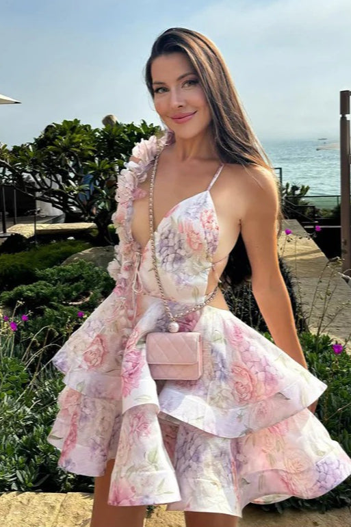 Plunging V-Neck Spaghetti Strap Floral Applique Cutout Open Back Tiered Mini Dress