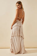 Halter Back Tie Tiered Ruffle Maxi Skirt Two Piece Set
