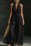 Solid Color V-neck Sleeveless Backless Casual Pocket Loose Wide-leg Jumpsuit
