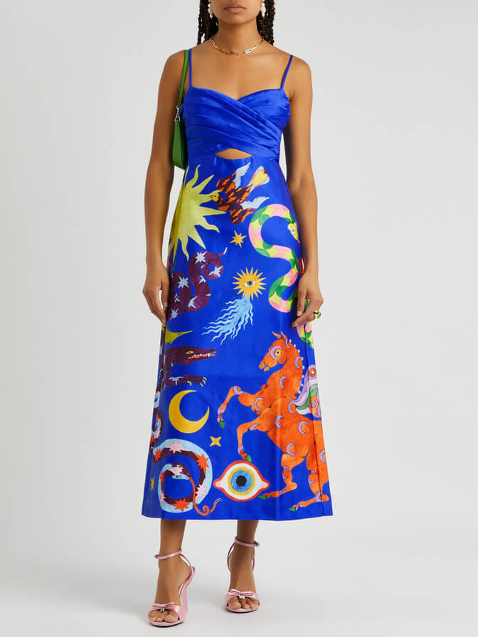Satin Celestial Print Sweetheart Spaghetti Strap Wrap Cut Out Midi Dress