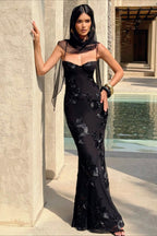 Strapless Bustier Floral Embroidered Mesh Mermaid Maxi Gown