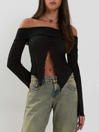 Solid Color Off Shoulder Front Slit Long Sleeve Knit