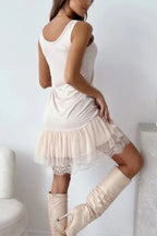 Breezy City Tulle Lace Tiered Hem Stretch Tank Mini Dress