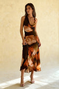Abstract Print Cowl Neck Spaghetti Strap Pleated Midi Dress