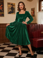Vintage Glamour Dress 1950s Black Long Sleeves Square Neck Rockabilly Dress
